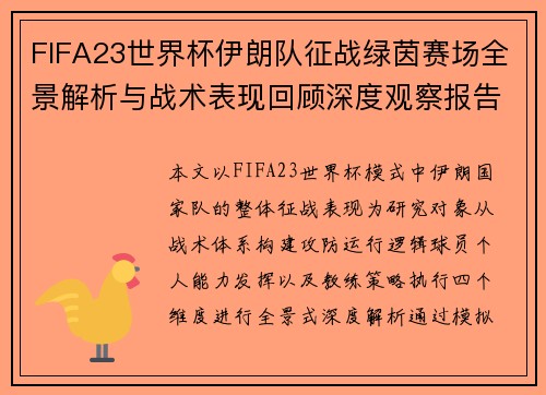 FIFA23世界杯伊朗队征战绿茵赛场全景解析与战术表现回顾深度观察报告篇